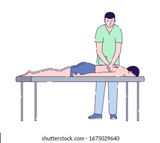 Male doctor massages a male patient flat vector illustration. Physiotherapy, acupuncture, rehabilitation concept. Health medical treatment. Isolated cartoon character on a white background
