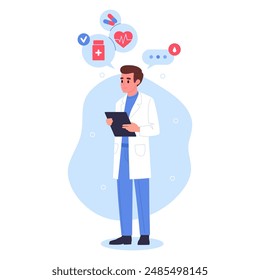 Male doctor. Medical clinic worker, therapist or surgeon, doctor consultation and medical research flat vector illustration. Medical hospital employee