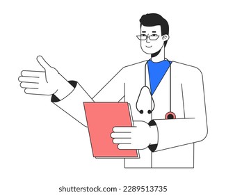Male doctor with medical clipboard flat line color vector character. Editable simple outline half body person on white. Prescription cartoon spot illustration for web graphic design and animation