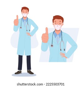 Male doctor in medical coat and wearing face mask and raising thumbs up. Flat vector cartoon character illustration.