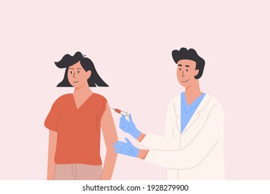 Male doctor in a medical gown and gloves gives vaccine shot to female patient. Vaccination campaign. Concept illustration for immunity health. Covid Coronavirus jab. Flat illustration isolated. 