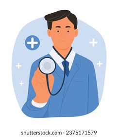 Médico masculino en traje médico con estetioscopio para chequeo de salud Ilustración