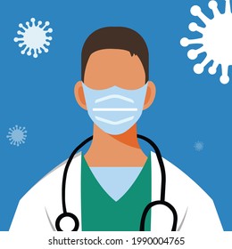 Male doctor with medical mask and stethoscope fighting coronavirus