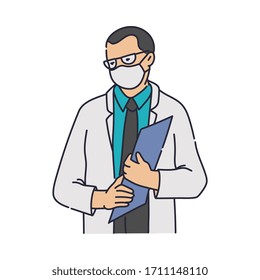 Male doctor in medical mask and white coat holding a document - cartoon man in coronavirus protection mask and glasses. Serious health professional - flat vector illustration.