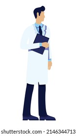 Male Doctor With Medical Records Semi Flat Color Vector Character. Health Care. Standing Figure. Full Body Person On White. Simple Cartoon Style Illustration For Web Graphic Design And Animation