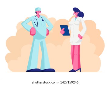 Male Doctor in Medical Robe with Stethoscope Speaking with Nurse Holding Notebook in Hands, Clinic, Hospital Healthcare Staff at Work, Medicine Profession, Occupation. Cartoon Flat Vector Illustration