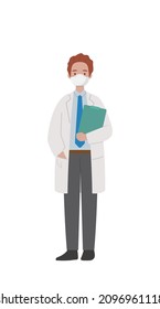 Male doctor medical worker with medical mask with information book isolated on white background, cartoon comic vector character