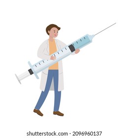 Male doctor medical worker with syringe with vaccine isolated on white background, cartoon comic vector character