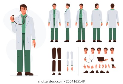 Male doctor, medical worker, therapist in hospital. Character constructor for animation. Front, side and back view set. Body parts, postures, poses collection. Vector illustration.