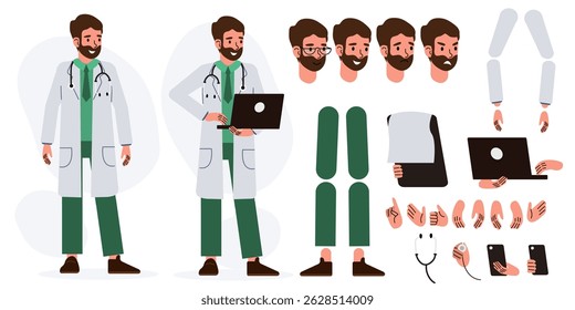 Male doctor, medical worker, therapist in hospital. Character constructor for animation. Body parts, postures, poses collection.