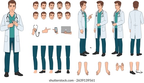 Male doctor, medical worker or therapist in hospital. Character constructor for animation. Front, side and back view set.