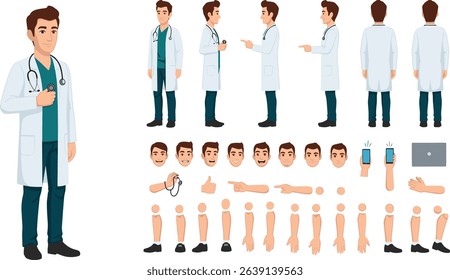 Male doctor, medical worker or therapist in hospital. Character constructor for animation. Front, side and back view set.