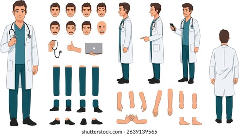 Male doctor, medical worker or therapist in hospital. Character constructor for animation. Front, side and back view set.