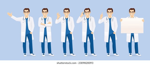 Médico masculino o personaje de enfermería en diferentes poses