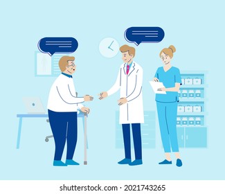 Male doctor and nurse taking care about male seniors people in hospital or clinic. Healthcare and medical concept. Hand draw thin line style. Vector illustration.