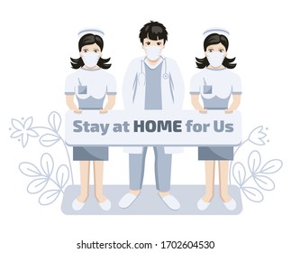 Male doctor and nurses wearing medical face white mask for preventing coronavirus symptoms, warning stay at home for us. Vector flat illustration
