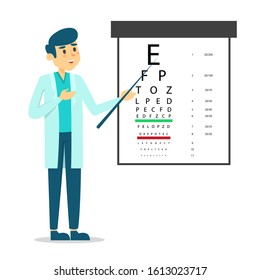 Male doctor oculist standing at the eyesight check table vector isolated. Ophthalmology examination, medical person pointing at letter.