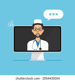 Male doctor on a monitor screen. Home medicine online concept. Medical support. Vector illustration in trendy flat style. Isolated.	
