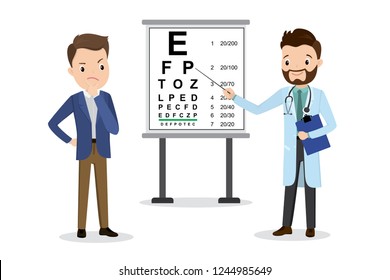 Male Doctor optometrist examines vision,Snellen Eye Chart,health care vector illustration,flat design isolated on white background