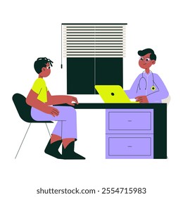 Male Doctor And Patient Sitting At Desk In Flat Vector Illustration Symbolizing Medical Consultation, Healthcare, And Diagnosis, Isolated On White Background.