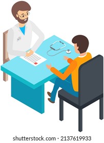 Male doctor and patient sitting at table. Man consulting with physician about health. Diagnostic, treatment and medical consultation in hospital concept. Sick person communicates with therapist