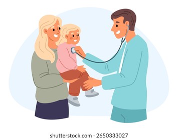 Male doctor. Pediatrician examines baby with stethoscope. Physician listening heartbeat. Pediatric consultation. Happy mother with daughter. Appointment with kids medic