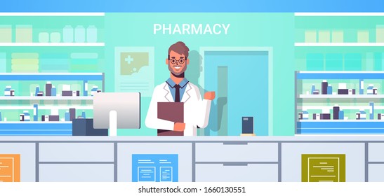 male doctor pharmacist with clipboard standing at pharmacy counter modern drugstore interior medicine healthcare concept horizontal portrait vector illustration