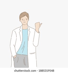 Male doctor pointed his thumb at the empty space. Healthcare and medical concept. Hand draw style. Vector illustration.