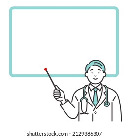 A male doctor with a pointer and a whiteboard frame. Text space.