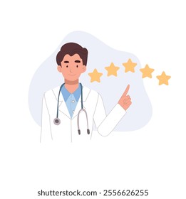 male doctor pointing at 5 stars representing excellent service and customer satisfaction