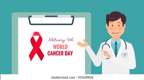 Male doctor pointing at  medical clipboard.4 February world cancer day horizontal poster. Vector flat illustration