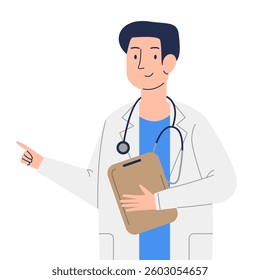 Male doctor pointing to the side. Man doctor. Vector illustration isolated on white background.