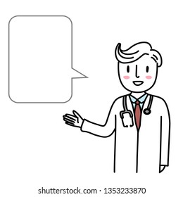 Male doctor pointing. Smiling doctor standing and pointing at blank speech balloon. Male doctor in white lab coat with text bubble. Cheerful doctor with speech bubble. Practitioner with stethoscope.