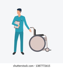 Male doctor pointing at wheelchair. Blue scrub, nursing, hospital. Medicine concept. Vector illustration can be used for topics like medical or palliative help