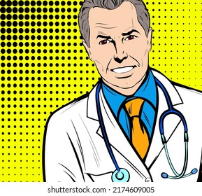 Male Doctor Portrait. Vector Illustration In Comic Book Pop Art Retro Vintage