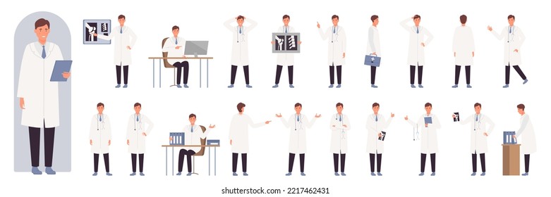 Male doctor poses set vector illustration. Cartoon confident explainer wearing uniform, standing and sitting, hospital worker pointing on medical presentation, expert posing isolated on white