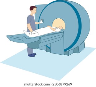 Male doctor is preparing patient for magnetic resonance procedure. Patient is lying at CT scanner bad and waiting to be scanned. Cartoon and illustration vector