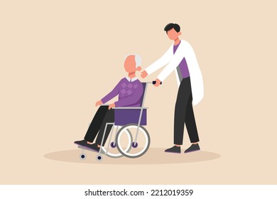 Male doctor pushing grandfather with wheelchair. Doctor and patient concept. Vector illustration. 