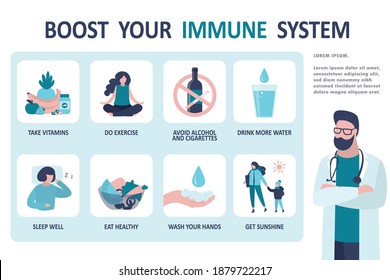 Male doctor recommends measures to strengthen immune system. Immunity boost infographic. Different rules for increasing immunity. Healthy lifestyle and good habits. Trendy flat vector illustration