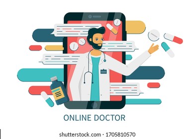 Male doctor recommends medicines and pills and answers the questions in the messenger on smartphone. Medical online chat diagnostics and consultation. Vector flat illustration.
