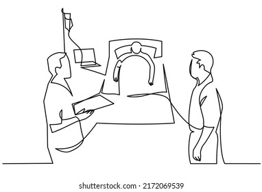 The male doctor reports the diagnosis to a relative continuous one line vector drawing. Hospital cure examination support to unwell person. Treatment aid emergency. The patient is lying in bed