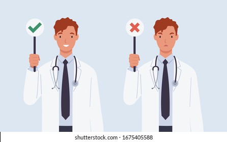 Male doctor with a right and wrong sign. Vector illustration in a flat style