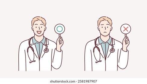 Male doctor with a right and wrong sign. Hand drawn style vector design illustrations.