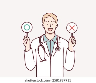 Male doctor with a right and wrong sign. Hand drawn style vector design illustrations.