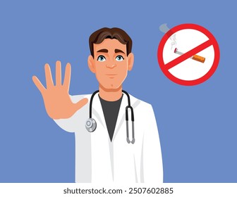 
Male Doctor Saying Stop to Smoking Bad Habits Vector Cartoon. Medical Professional warning against unhealthy nicotine consume risks
