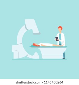 Male doctor scanning female patient with medical equipment in clinic, medical treatment and healthcare concept vector Illustration