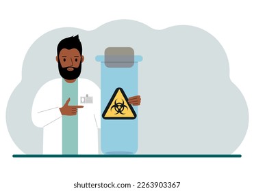 A male doctor or scientist is holding a test tube with a biohazard or virus warning label on it. Biological hazard. Vector flat illustration