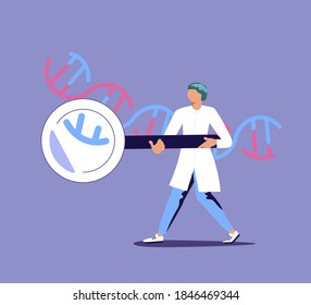 Male doctor scientist with a huge magnifier investigating DNA code. oncept of Genetic DNA Science. Flat Art Vector Illustration