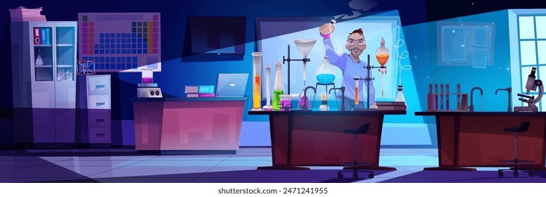 Male doctor or scientist in school or university classroom at night standing near table with chemical glass beakers and tubes and running experiment. Cartoon vector male researcher with glassware.