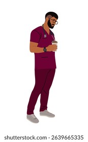 Male doctor in scrubs holding coffee and stethoscope. Vector illustration of medical professional, healthcare worker, surgeon or nurse. Isolated on white, clean flat design